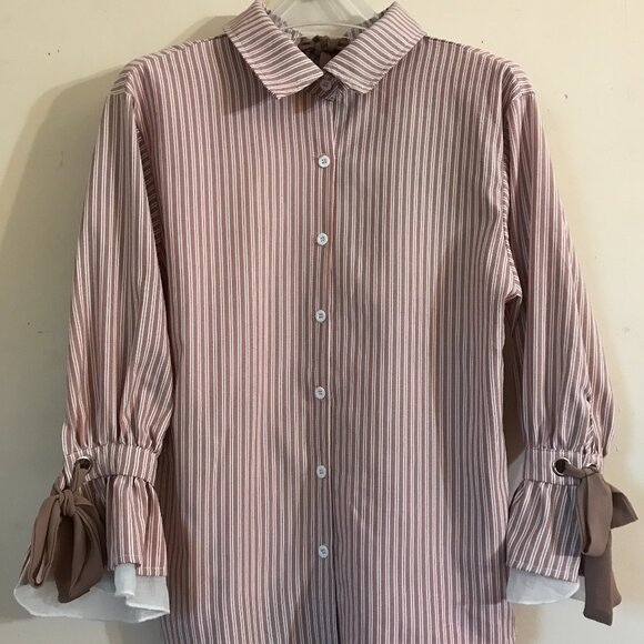 Gepo Button-down Striped Collared Blouse w/ ties Women's size small Pink & White - Picture 1 of 5